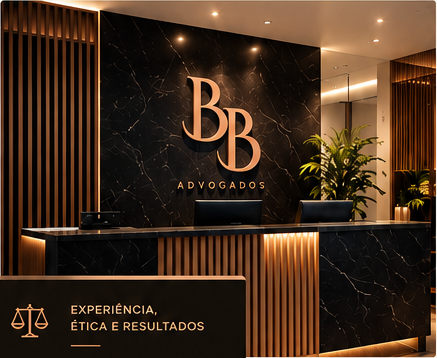Recepção do escritório BB Advogados com a mensagem Experiência, ética e resultados